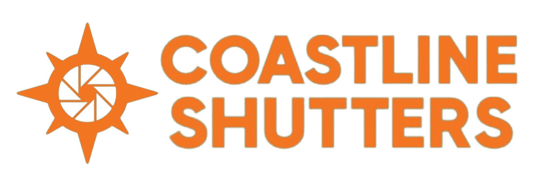 Orange Coastline Shutters logo on black background.
