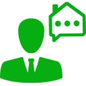 Green icon of a person with a house symbol.