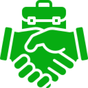 Green icon of a handshake symbolizing agreement or partnership.